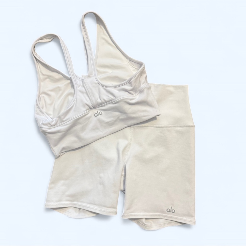 ALO Yoga White Ruched Sports Bra and Shorts Set